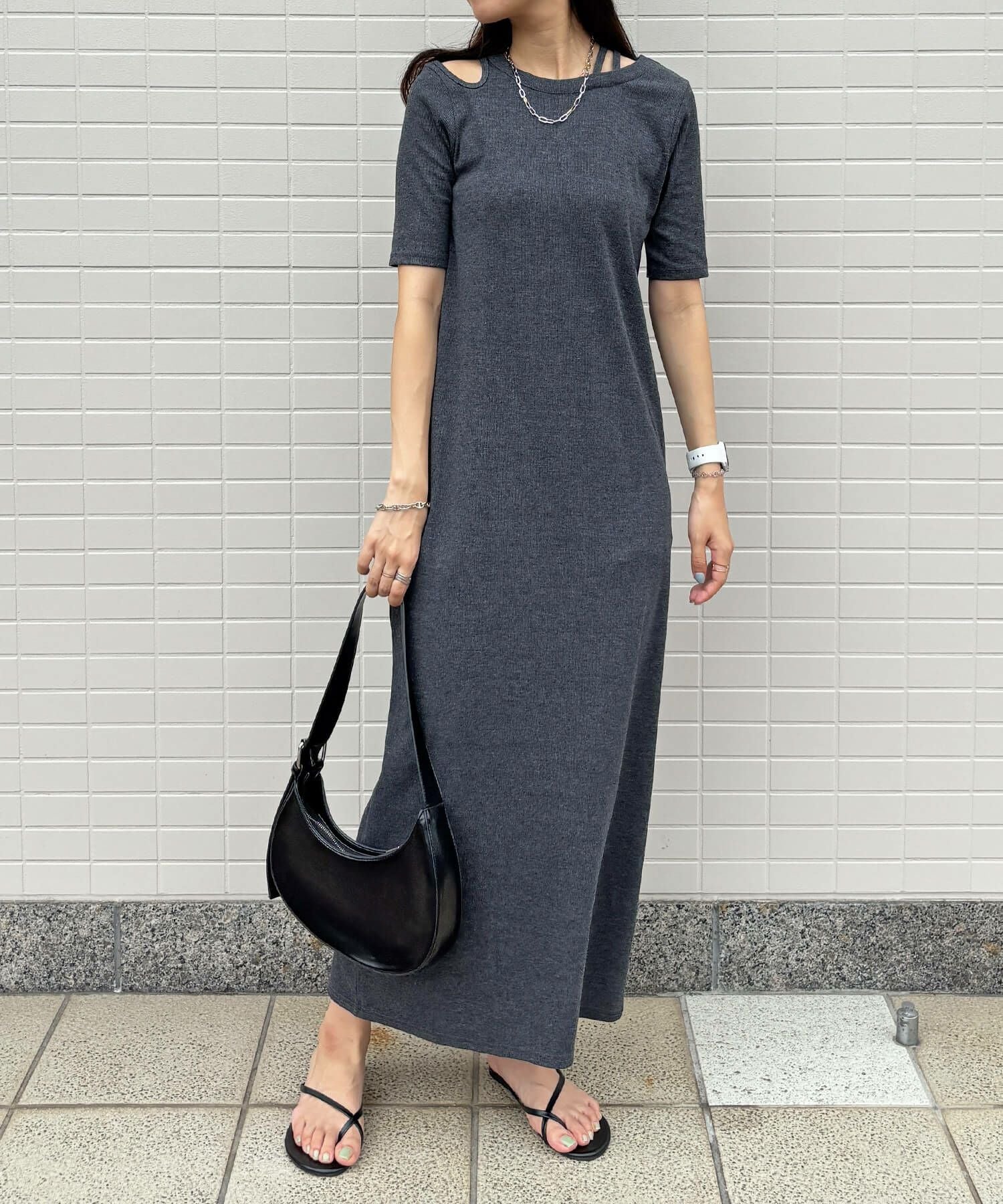 アシンメトリーカットリブワンピース | Asymmetry cut rib one-piece