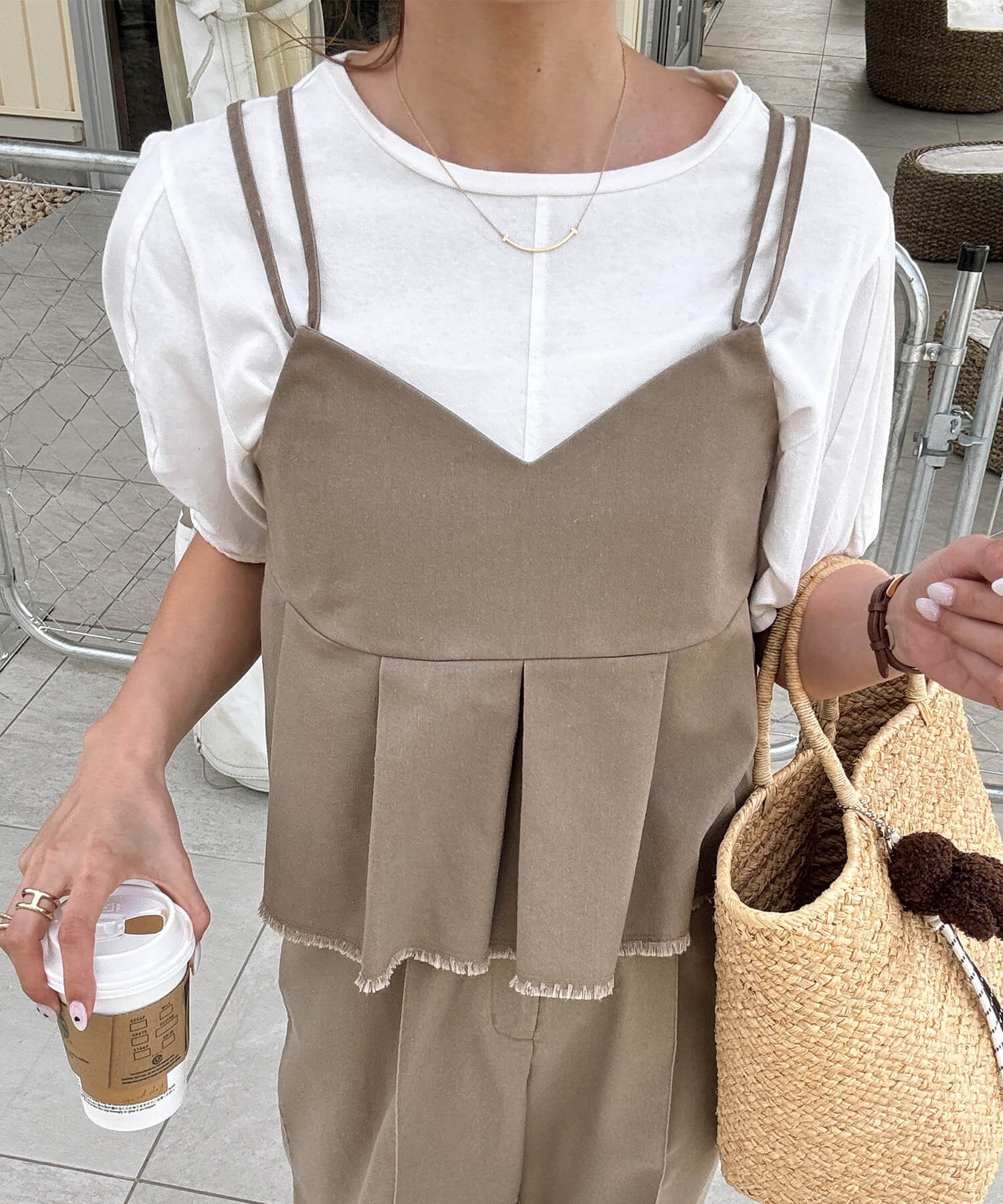 archives  配色ビスチェセット ベージュ tan ONかわ】バルーンビスチェ×スラックスSET(M BEIGE): ワンピース