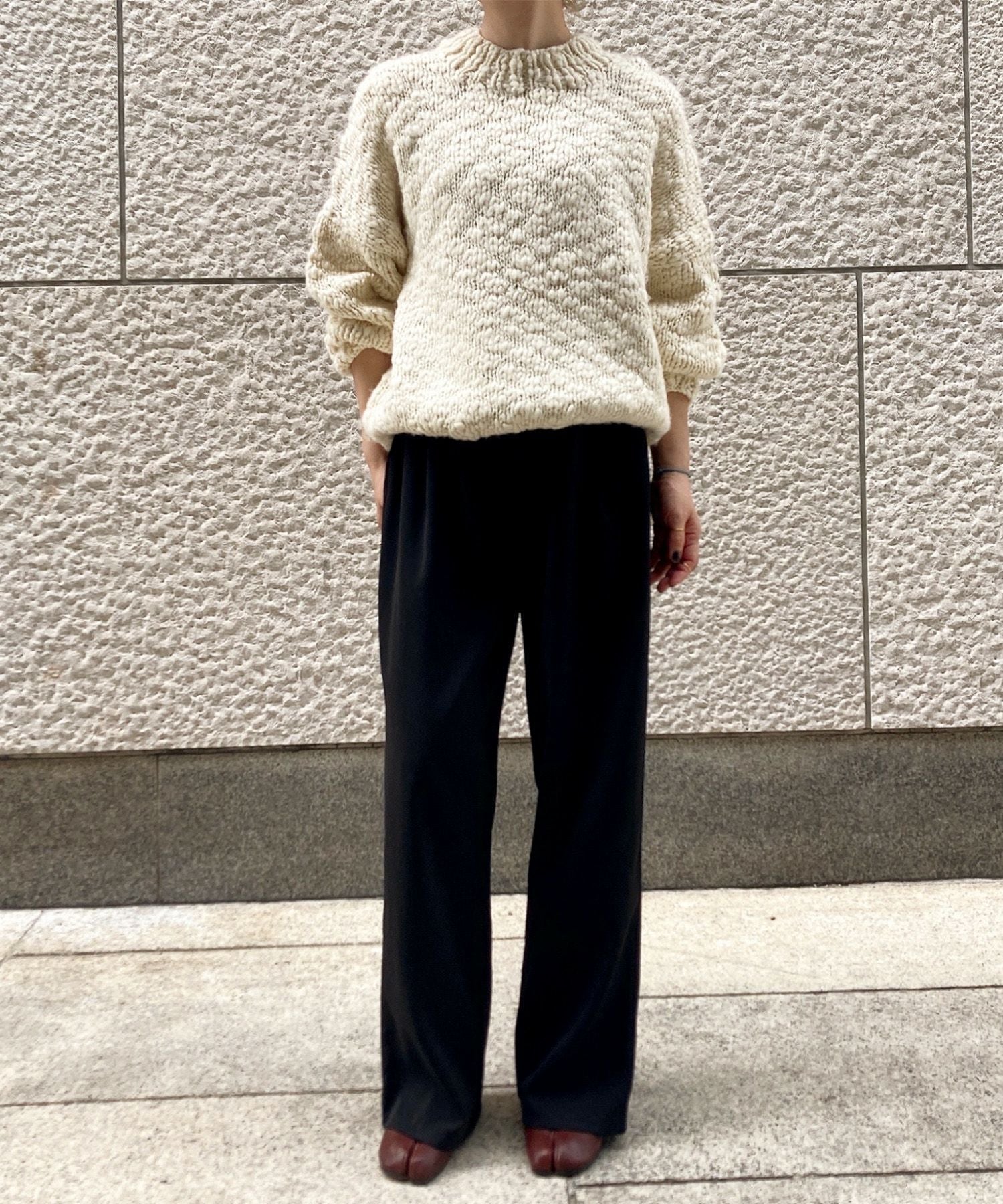 スラブヤーンリボンデザインハンドニット | Slub yarn ribbon design