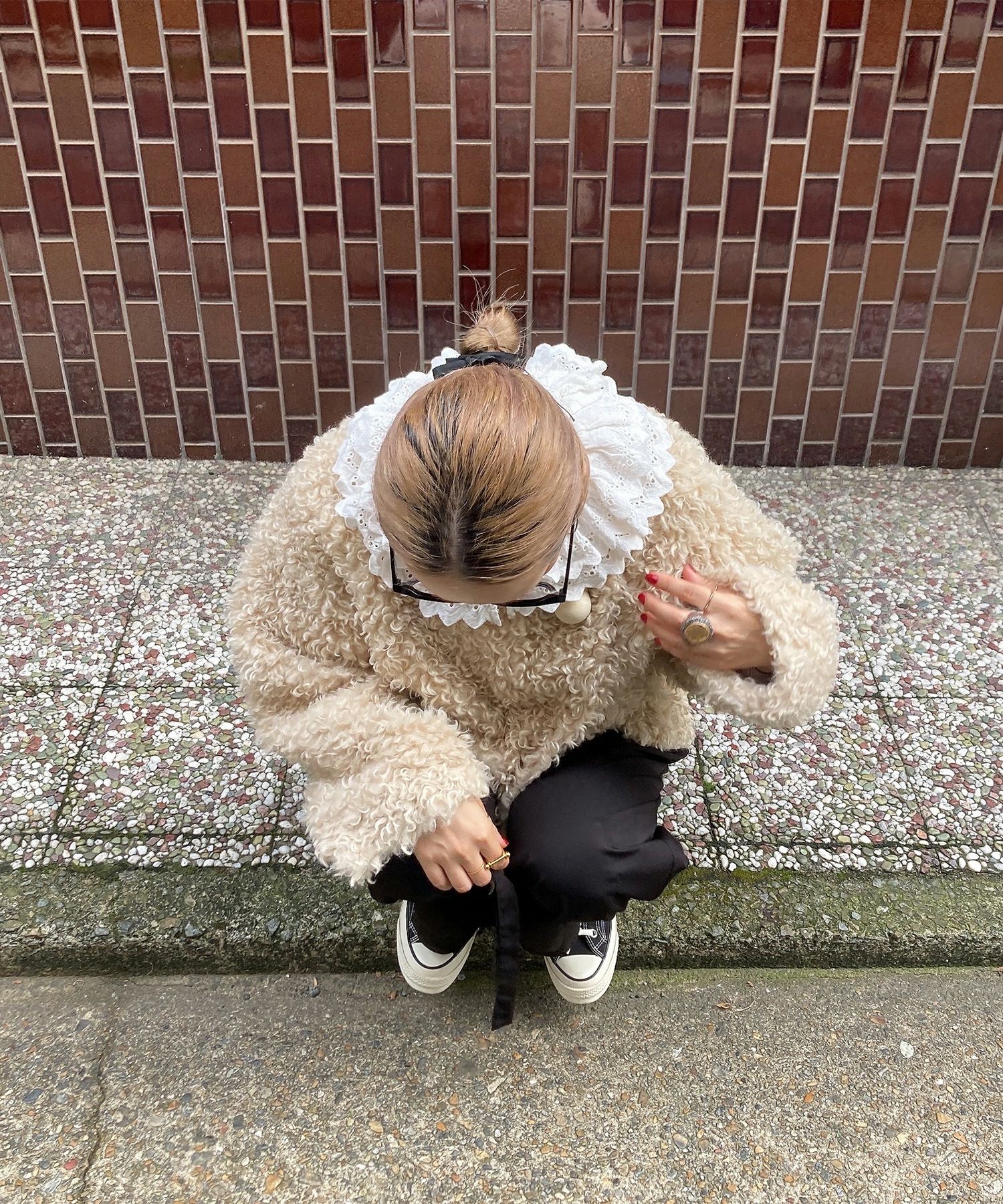 ウッドビーズノーカラーボアコート | Wood beads no collar boa coat