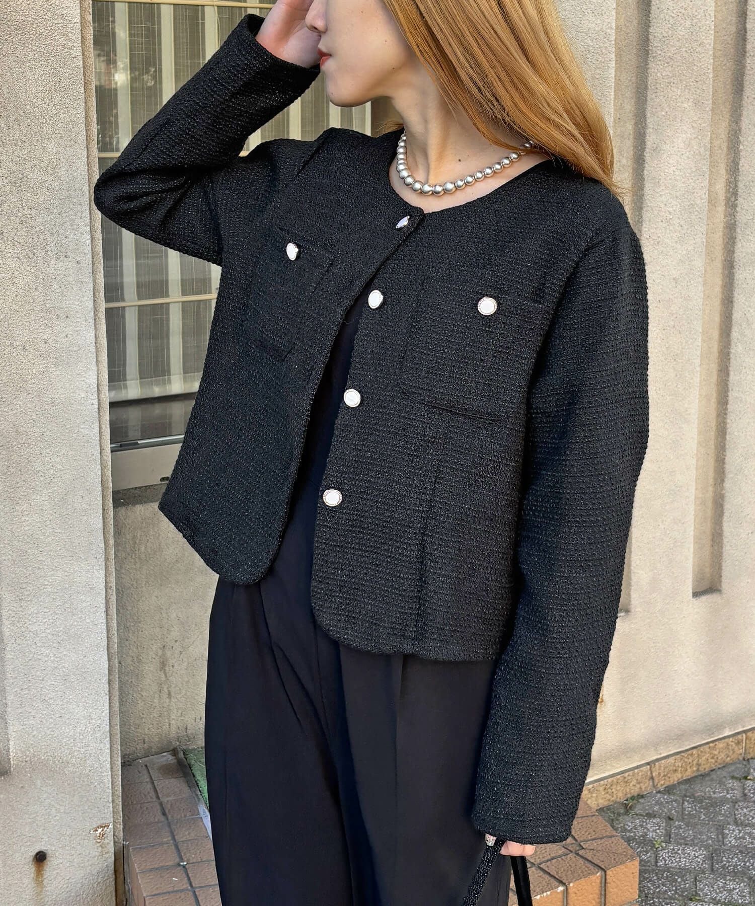 パールボタンツイードノーカラージャケット | Pearl button tweed no