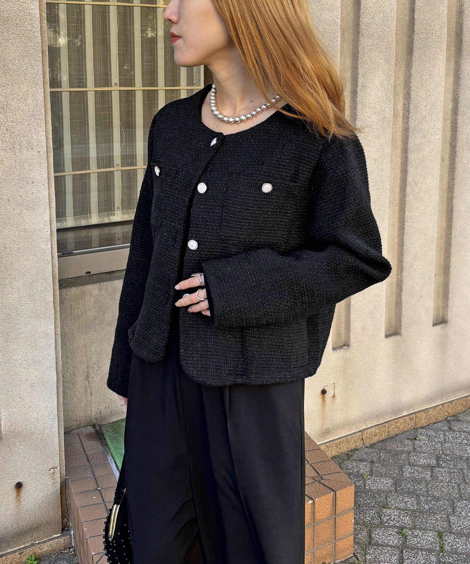 パールボタンツイードノーカラージャケット | Pearl button tweed no