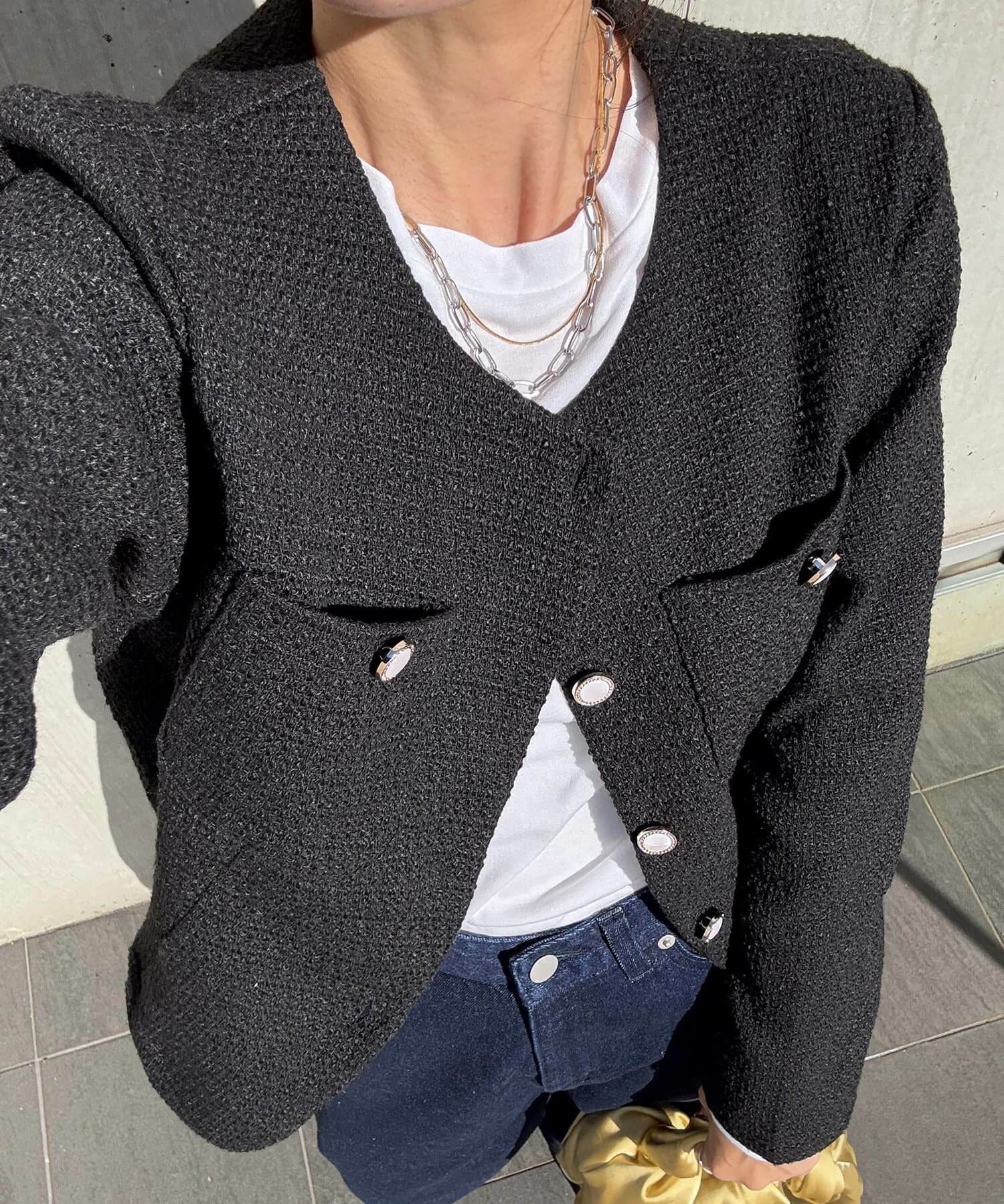 パールボタンツイードノーカラージャケット | Pearl button tweed no