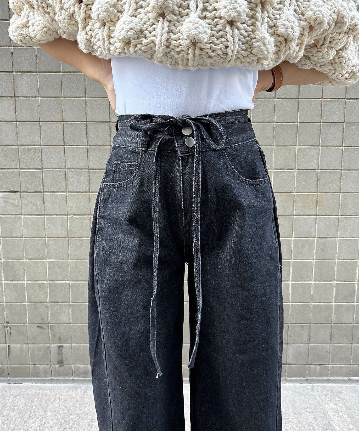 ウエストリボンブラックワイドデニム | Waist ribbon black wide denim