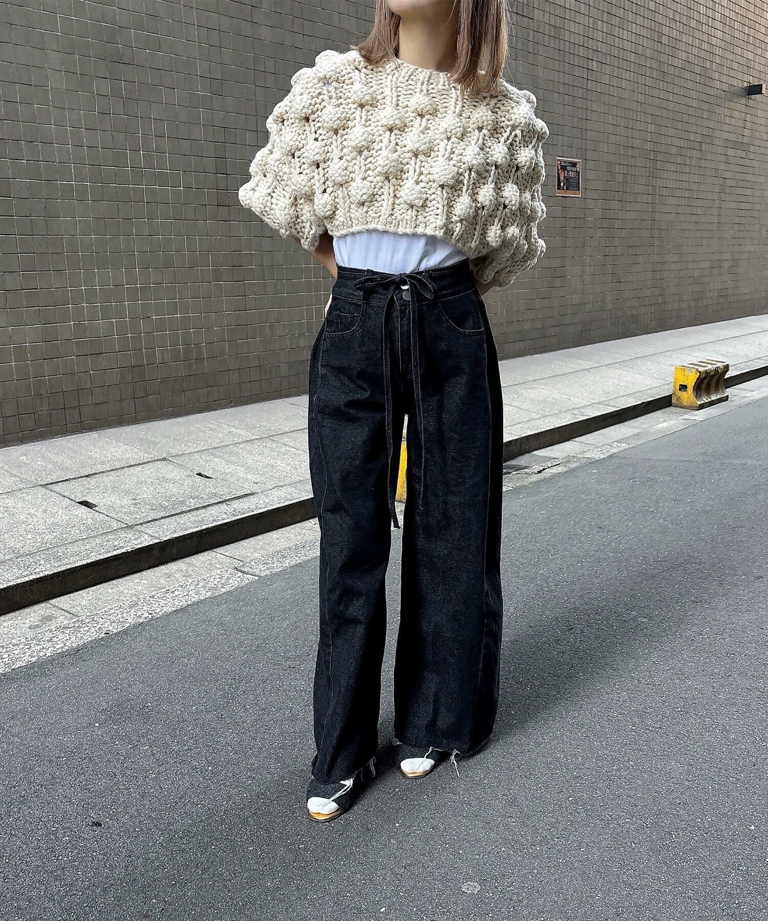 ウエストリボンブラックワイドデニム | Waist ribbon black wide denim