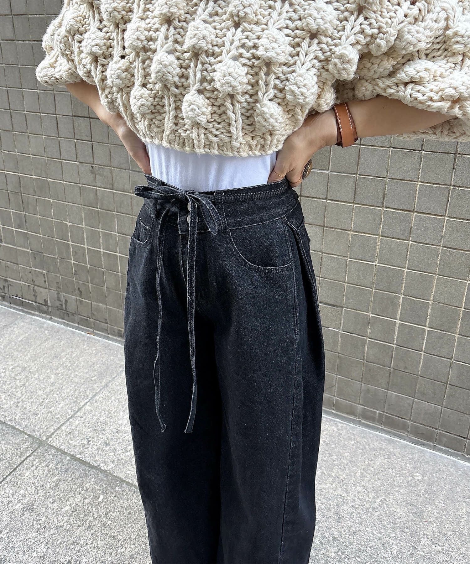 ウエストリボンブラックワイドデニム | Waist ribbon black wide denim