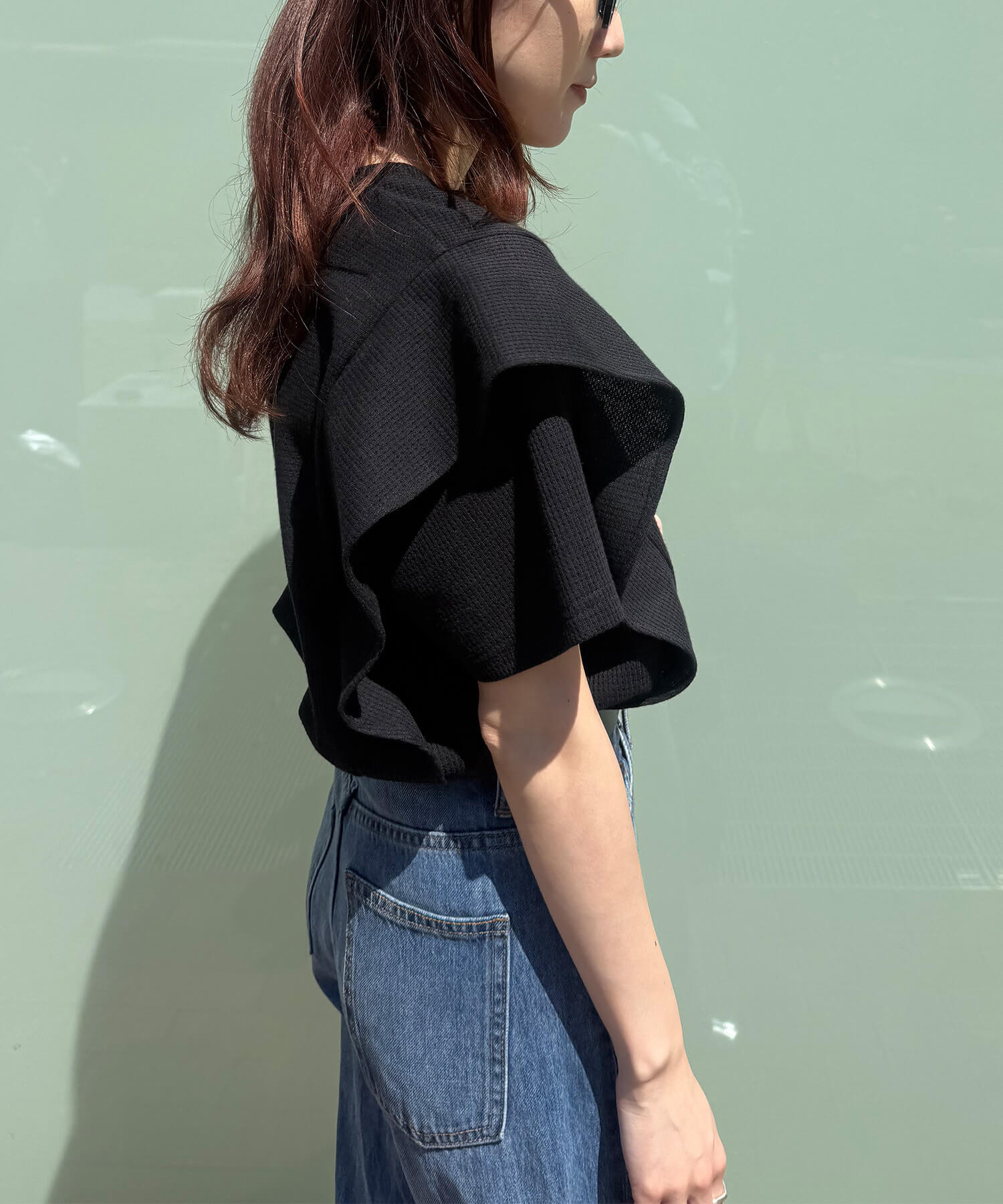 ラッフルショルダーワッフルTシャツ | Ruffle shoulder waffle tee