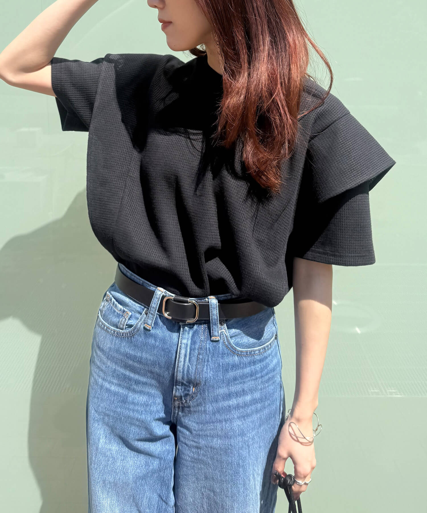 ラッフルショルダーワッフルTシャツ | Ruffle shoulder waffle tee